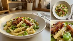 Makaron z bobem i boczkiem w kremowym sosie cytrynowym – szybka kolacja na lato