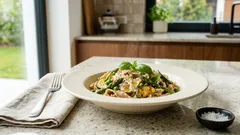 Makaron ze szparagami, groszkiem i cukinią w kremowym sosie – szybki obiad